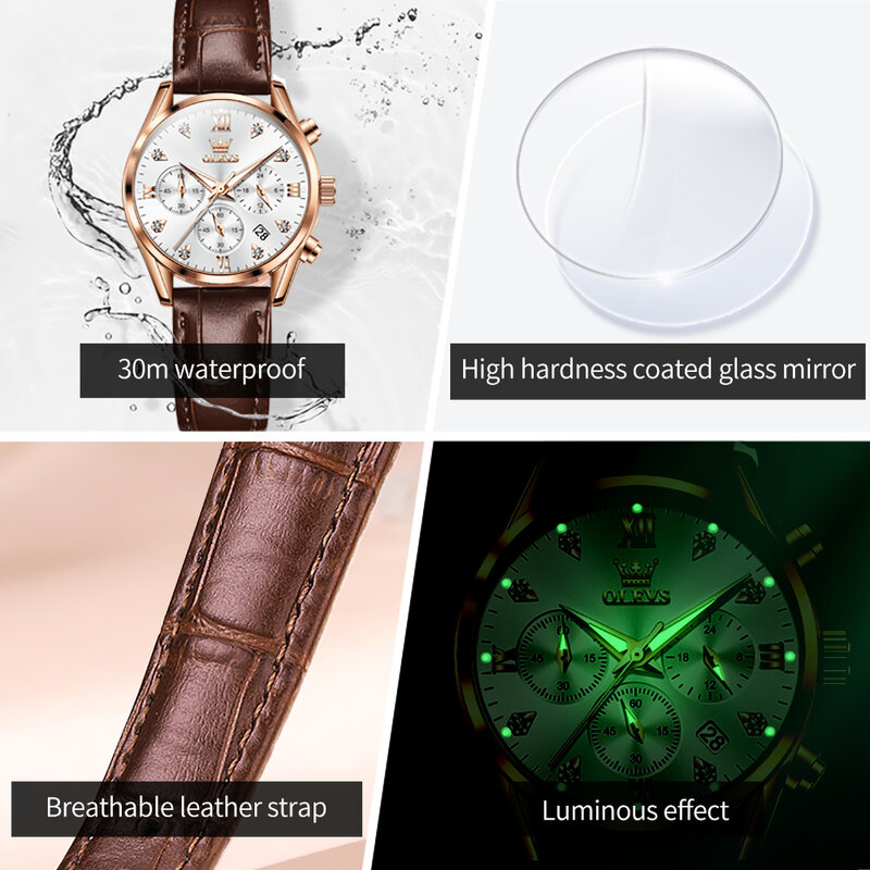 ساعة OLEVS من الفولاذ المقاوم للصدأ مع صندوق للنساء ، ساعة كرونوغراف كوارتز للسيدات ، ساعة يد مقاومة للماء ، علامة تجارية مشهورة ، أزياء فاخرة