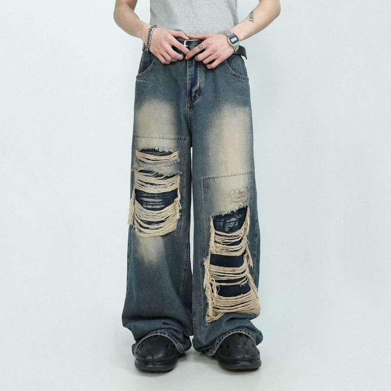 جينز نسائي عالي الخصر بساق واسعة ، بنطلون جينز ، ملابس الشارع الشهير ، ريترو ، فضفاض ، ممزق ، هيب هوب ، مستقيم ، أحادي اللون ، قوطي ، جيب