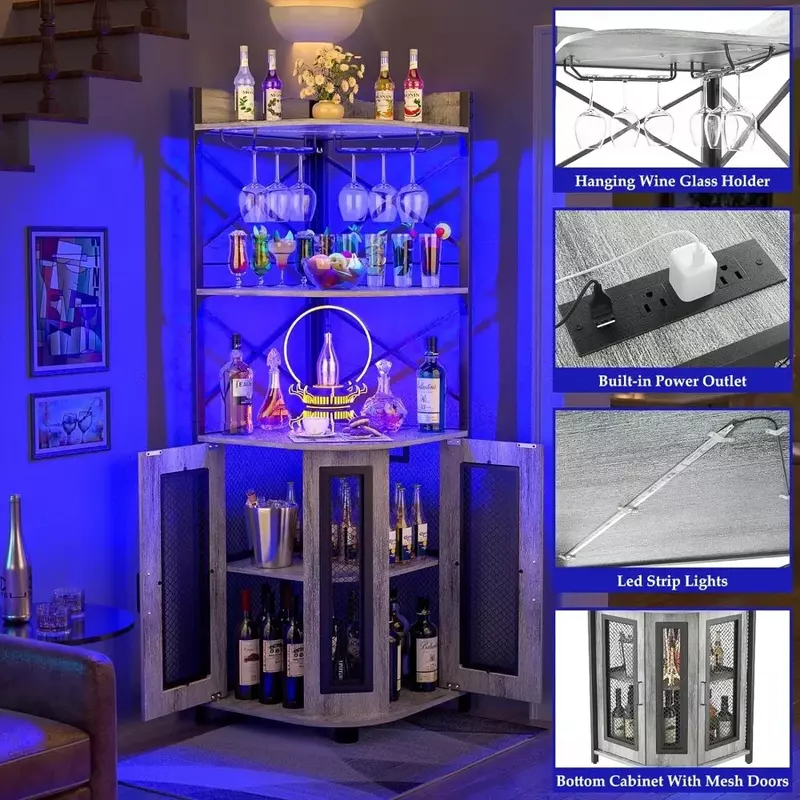 خزانة عرض زاوية مع منفذ طاقة ، خزانة نبيذ صناعية بشريط ليد وحامل زجاج ، وحدة بار 5 طبقات للمساحات الصغيرة ، أبيض