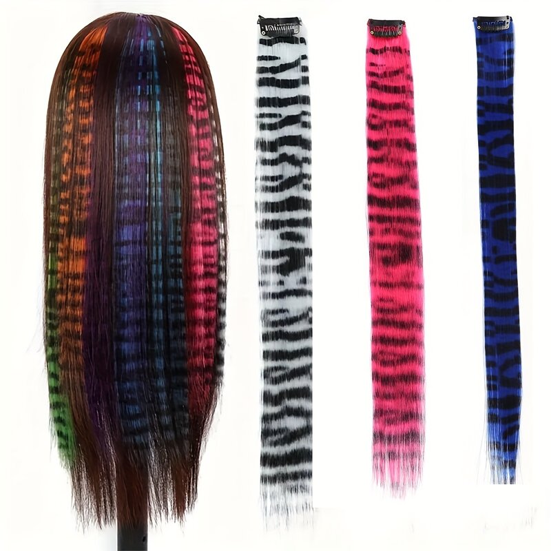 وصلات شعر اصطناعية طويلة مستقيمة ، Y2K ، ملونة ، طبعة فهد ، قطع شعر من قطعة واحدة ، إكسسوار شعر كوسبلاي ، 1 مرة