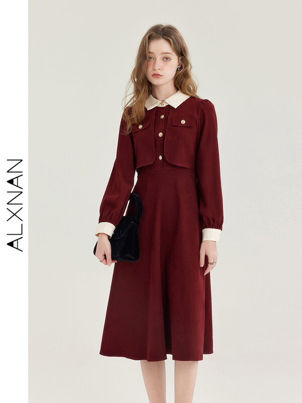 فستان متوسط الطول بأكمام طويلة للنساء من ALXNAN ، فستان فرنسي كلاسيكي ، أحمر ، مزيف من قطعتين ، أنيق ، خريف ، شتاء ، موضة جديدة ، T01002 ،