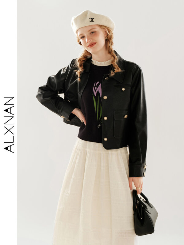 ALXNAN-جاكيت نسائي كلاسيكي ، معاطف جلدية كبيرة الحجم ، ملابس خارجية غير رسمية قصيرة ، طية صدر عالية الموضة في الشارع ، TM00510 ،