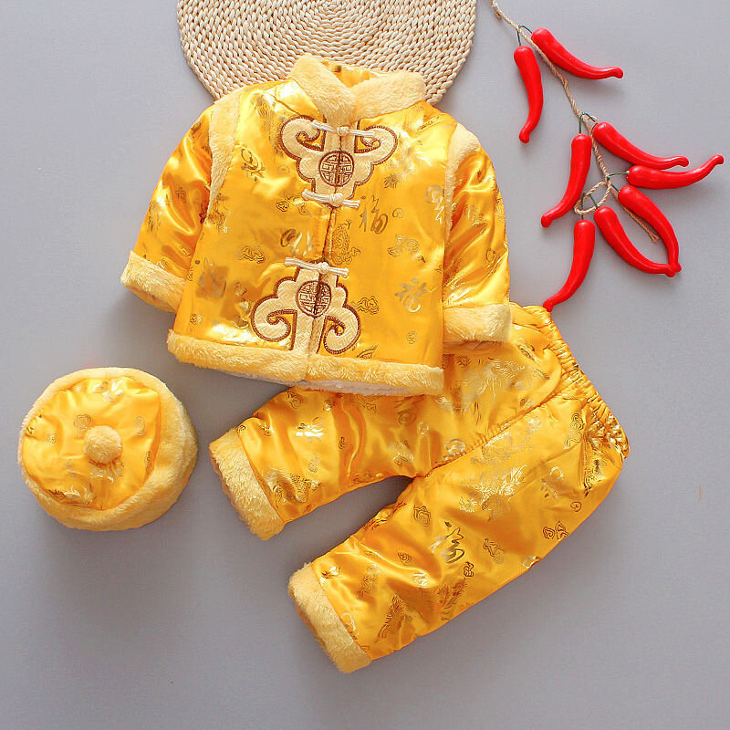 10 ألوان الطفل السنة الجديدة تانغ دعوى 3 قطعة التقليدية الصينية الاطفال الذكرى ازياء وصمة عار الشتاء القطن الفتيان الفتيات الدافئة Hanfu