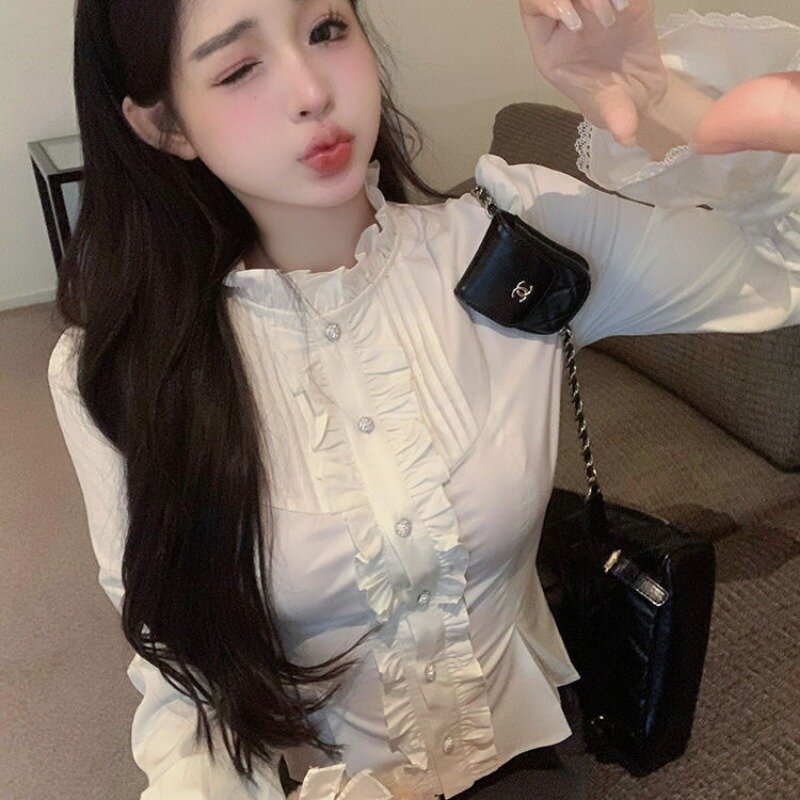 QWEEK-بلوزات نسائية بأكمام طويلة بأزرار ، أزياء كورية ، قمصان فاخرة ، سترة أنيقة للشباب في الربيع ، جمالية بيضاء أنيقة