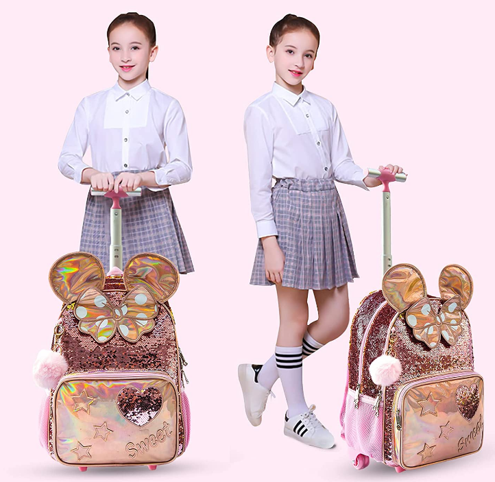 Jasminestar 16 بوصة مدرسة المتداول على ظهره حقيبة مدرسية بعجلات للفتيات حقائب مدرسية ترولي مع حقيبة الغداء مقلمة