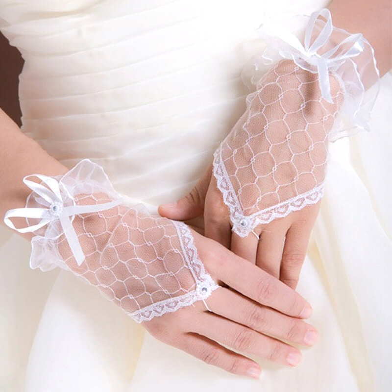 1 زوج النساء الدانتيل شبكة أصابع قفازات الزفاف قصيرة صافي تول الدانتيل جوفاء خارج تنفس موضة قفازات ربطة القوس Gloves قفازات