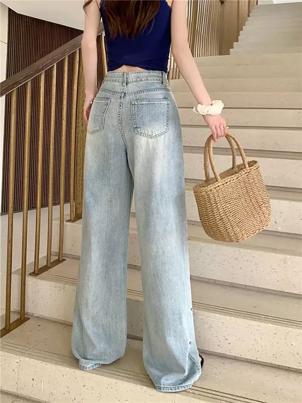 جينز نسائي فضفاض أزرق ماسي ، بنطلون جينز جمالي ، بنطلون واسع Y2K ، ملابس تراشي عتيقة ، عرض فضفاض ،