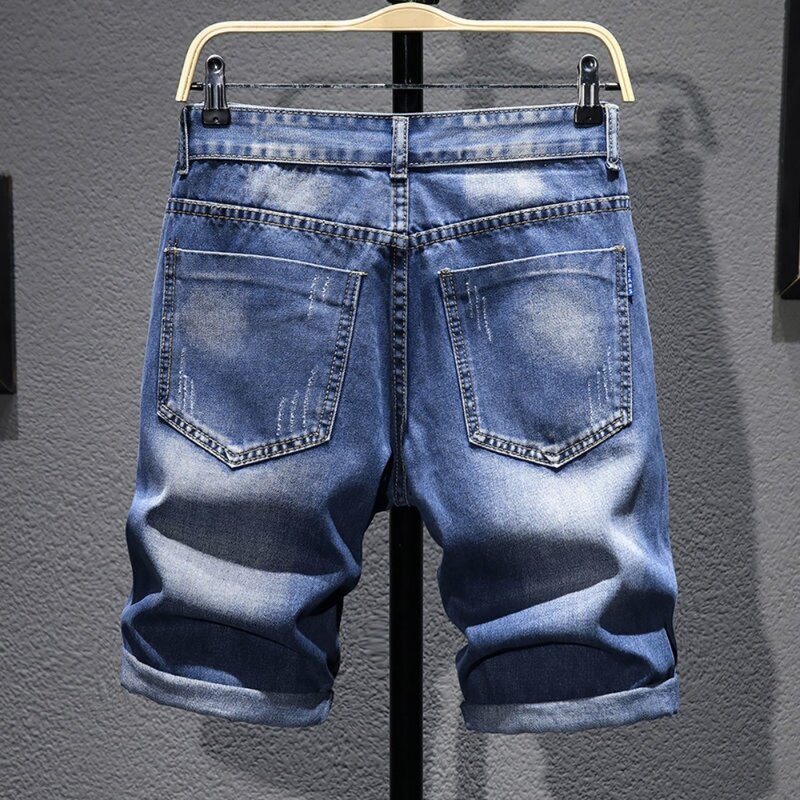 سراويل جينز قصيرة مطاطية غير رسمية للرجال ، جينز ضيق ، أزرق ، طول الركبة ، بنطال قصير ، ملابس رجالية ، صيف ، جديد