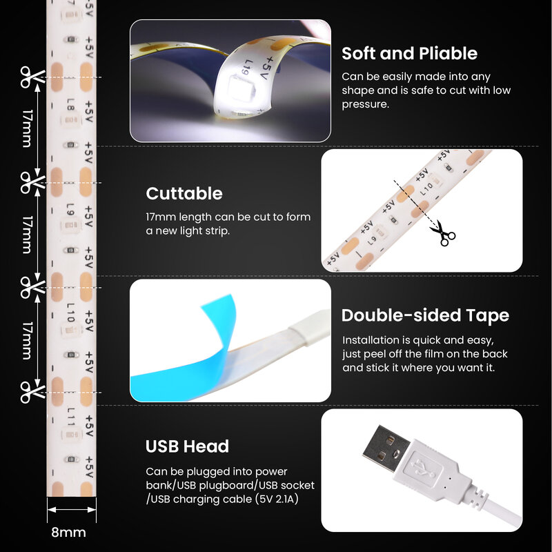 شريط LED USB مع مستشعر كنس يدوي ، شريط إضاءة ، مفتاح تشغيل وإيقاف ، إضاءة خلفية للمطبخ ، الغرفة ، شريط الديكور ، جهاز تعتيم اللمس ، 5 فولت ، 1 متر ، 5 متر