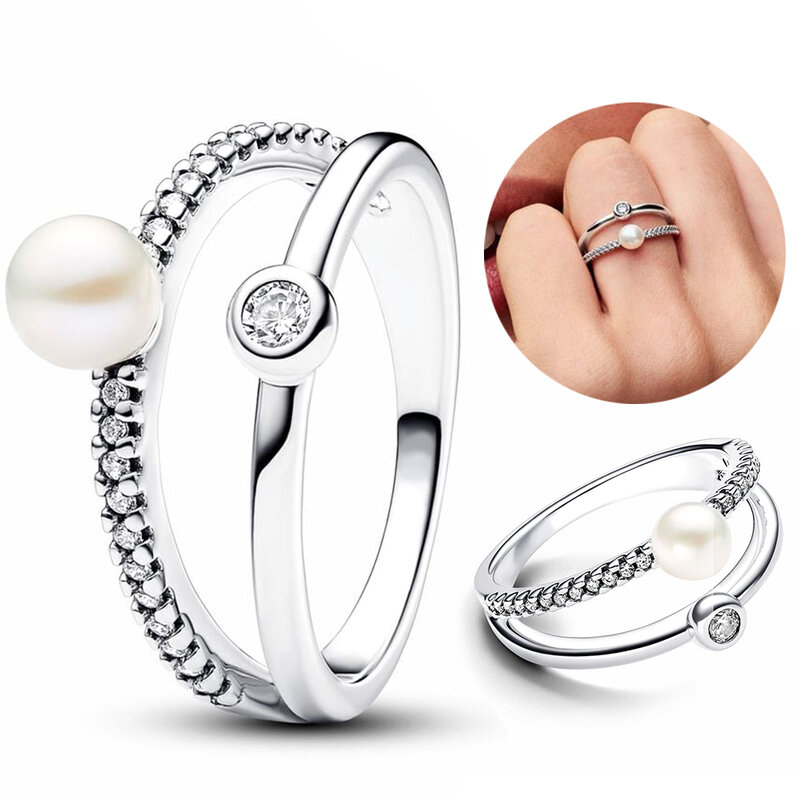 خاتم من الفضة الإسترلينية بشريط مزدوج من اللؤلؤ والبافيه للنساء ، تصميم الزركون ، خاتم لامع أصلي ، تخفيضات كبيرة ، هدايا مجوهرات تصنعها بنفسك