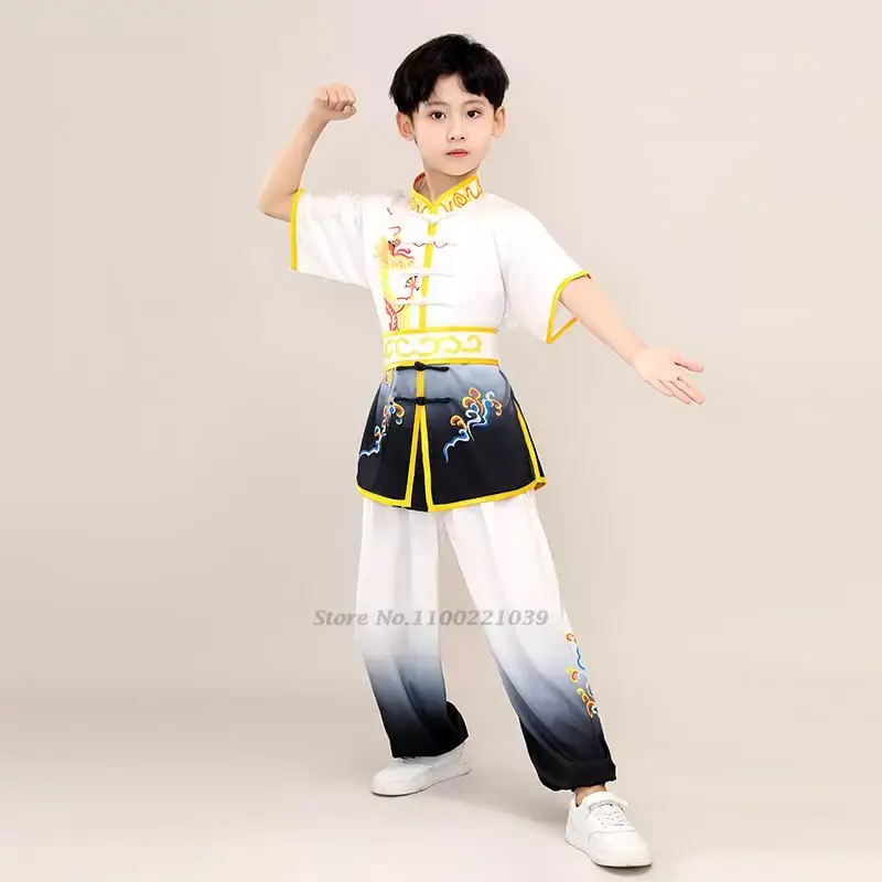 بدلة الكونغ فو التقليدية للأطفال ، الملابس الصينية التقليدية ، زي فنون الدفاع عن النفس ، طباعة التنين ، مجموعة الأداء المسرحي