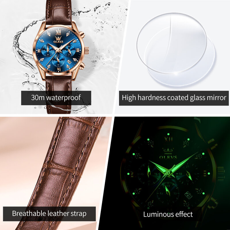 OLEVS-ساعة كوارتز كرونوغراف نسائية فاخرة ، حزام جلدي ، تقويم مضيء مقاوم للماء ، علامة تجارية عالية ، ساعة عصرية