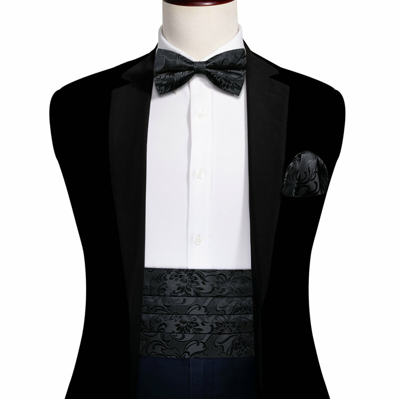 رسمي أسود الأزهار Cummerbund الرجال Clssic الحرير ربطة منديل أزرار أكمام مجموعة الأعمال الزفاف مصمم الحفلات باري وانغ