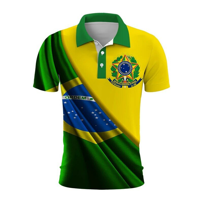 شعار البرازيل الوطني للرجال قميص بولو مطبوع ثلاثي الأبعاد ، قمم غير رسمية كبيرة الحجم ، اتجاه قصير الأكمام ، ياقة بأزرار لأسفل ، الصيف