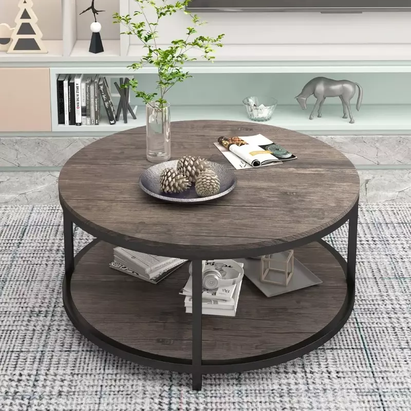 طاولة قهوة خشبية ريفية مع رف تخزين ، طاولة لغرفة المعيشة ، تصميم حديث ، أثاث منزلي ، جوز خفيف ، سطح مكتب من طابقتين ، 36 بوصة