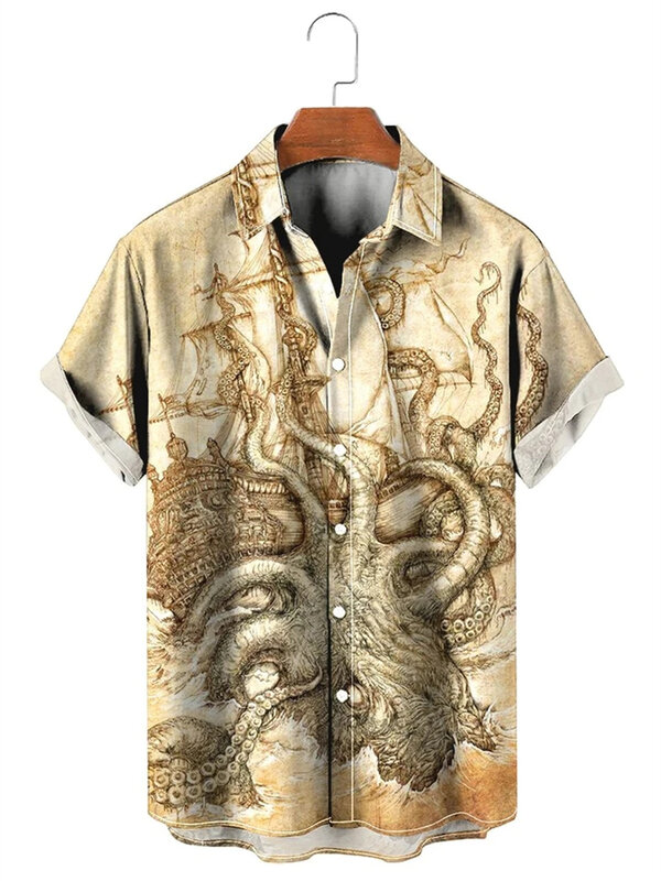 قميص هاواي كلاسيكي للرجال مع خريطة ثلاثية الأبعاد مطبوعة بطية صدر ، نمط كلاسيكي ، ملابس اجتماعية ، أزياء غير رسمية ، صيف