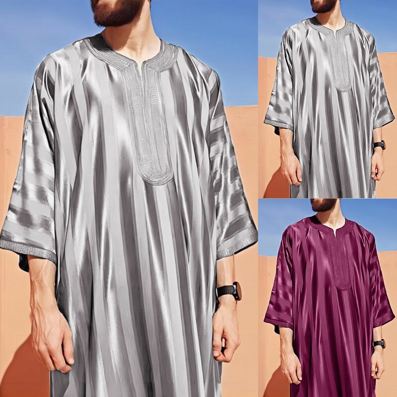 ثوب جبة مطرز مخطط للرجال ، أزياء عربية إسلامية ، ملابس إسلامية ، قفطان مغربي ، عباءة طويلة للصلاة ، جديد ،