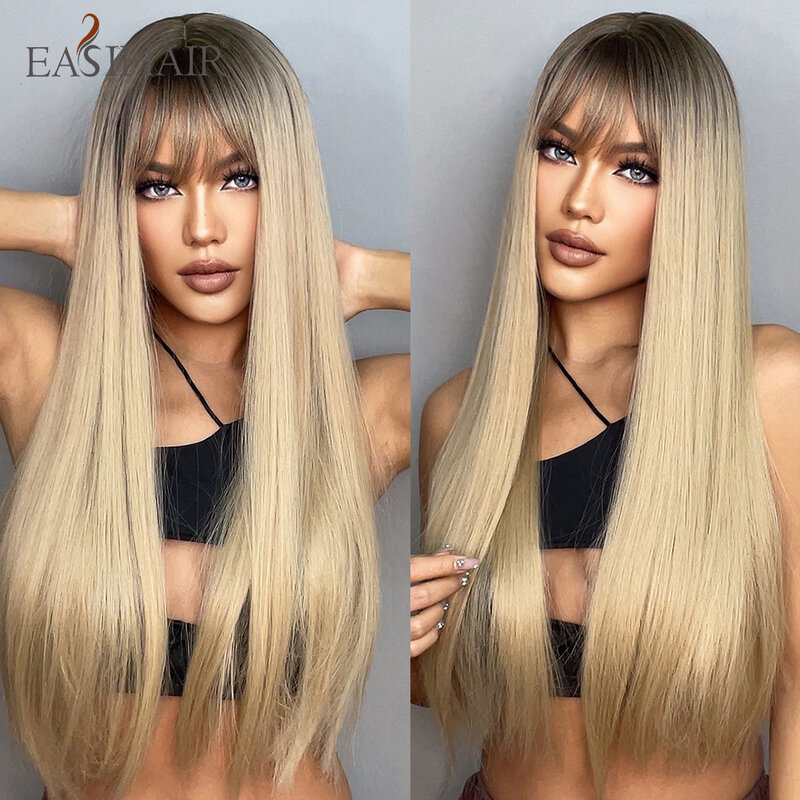 EASIHAIR-طويل مستقيم شعر مستعار الاصطناعية مع الانفجارات للنساء ، أسود ، شقراء ، أومبير ، تأثيري اليومي ، الشعر الطبيعي ، مقاومة للحرارة