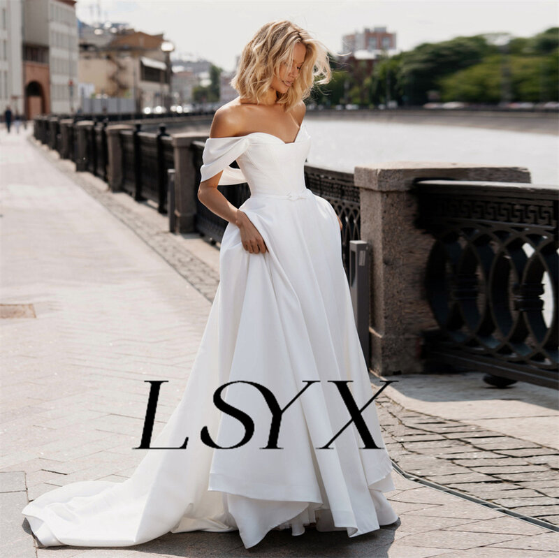 LSYX-فستان زفاف نسائي مكشوف الكتفين برقبة حرف V ، كريب على شكل حرف A ، ظهر بسحاب ، طول الأرضية ، ثوب زفاف مخصص