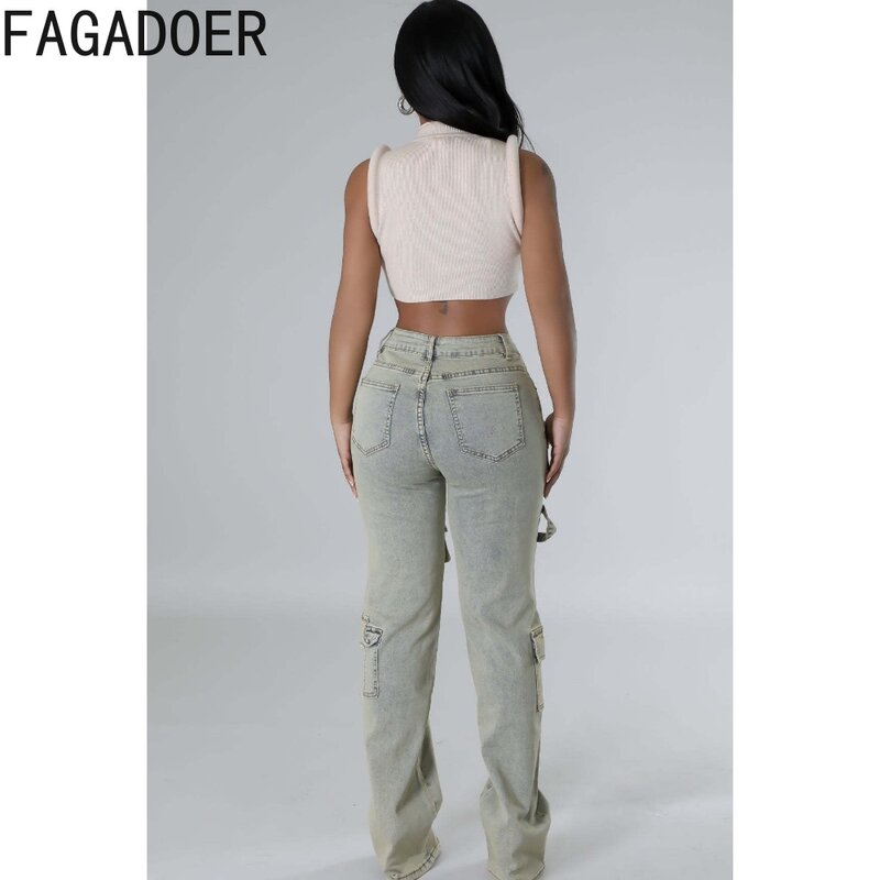 FAGADOER-سراويل جينز مرنة غير رسمية للنساء ، سراويل بضائع مغسولة ، جيب فاتح اللون ، سراويل رعاة البقر المطابقة للإناث ، جودة عالية