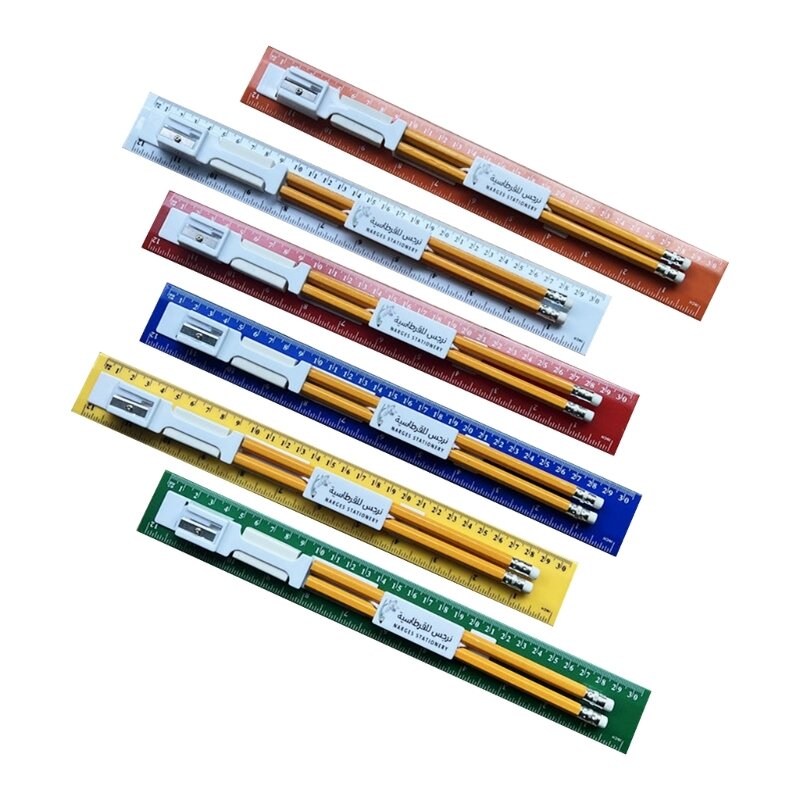 مجموعة مسطرة ملونة مقاس 30 سم مع مبراة وأقلام رصاص وممحاة مثالية للمدرسة والمكتب