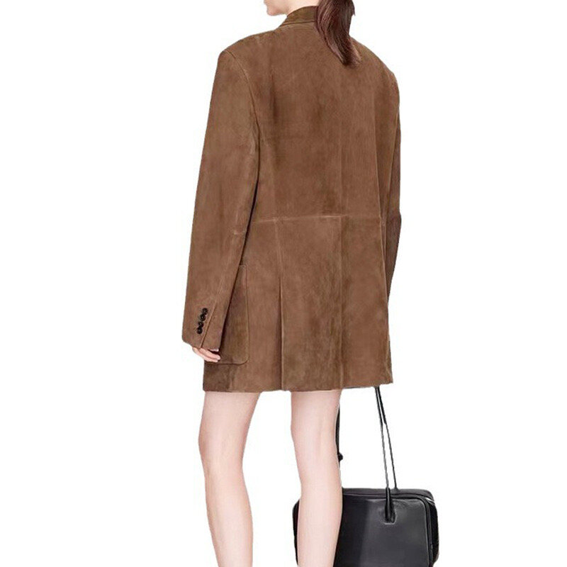 معطف جلد Nubuck للنساء ، سترة من جلد الغزال الأصلي ، بدلة ظلية بنمط المال القديم ، أزياء عتيقة ، الربيع