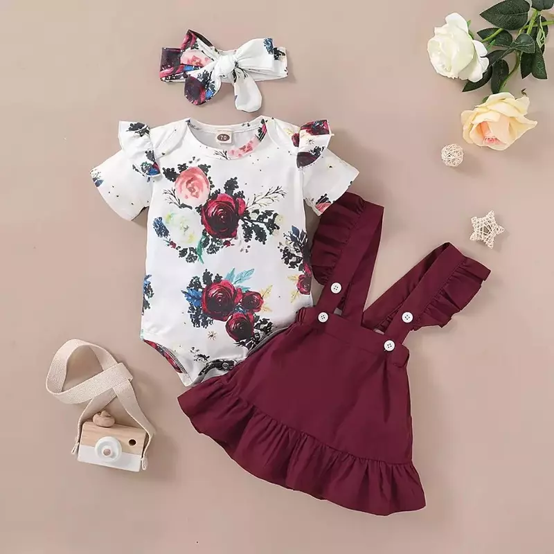 مجموعة ملابس للفتيات الصغيرات من 0 إلى 24 شهرًا ، ملابس حديثي الولادة ، بلوزة مكشكشة ، نبيذ أحمر ، رومبير ، حزام طباعة الأزهار ، تنورة