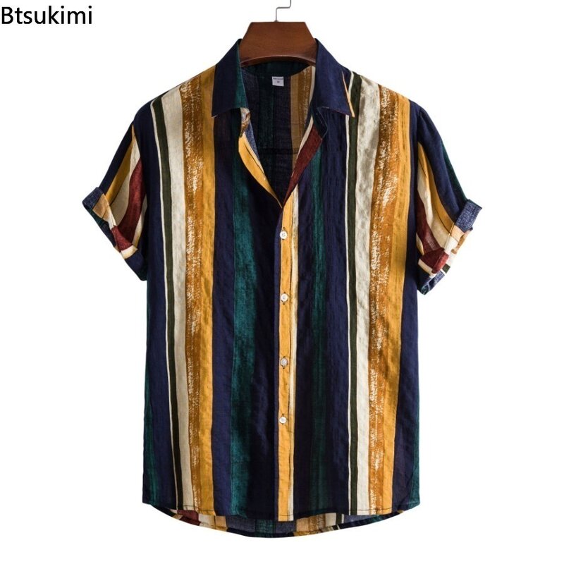 قميص رجالي مخطط بطبعة قوس قزح ، بلوزة كاجوال بأكمام قصيرة ، ملابس الشارع هاواي للرجال جيدة التهوية ، أزياء الصيف ،