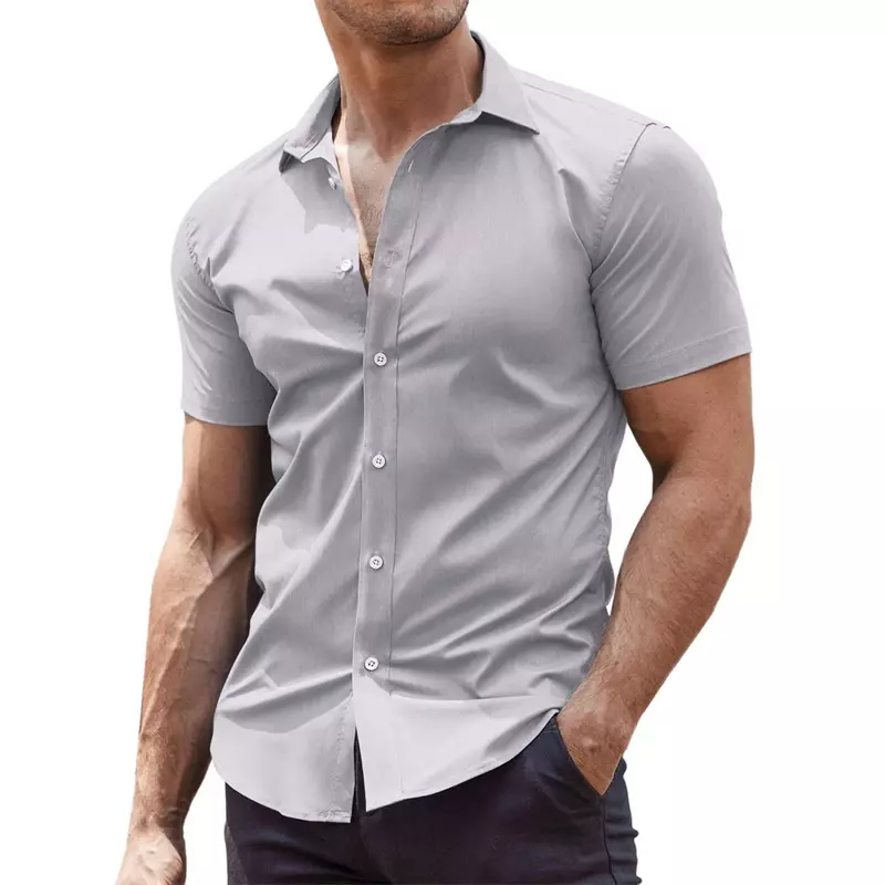 قميص رجالي بأكمام قصيرة بطية صدر صيفية ، جيد التهوية ، مريح ، بسيط وعصري ، عمل يومي ، تصميم جديد