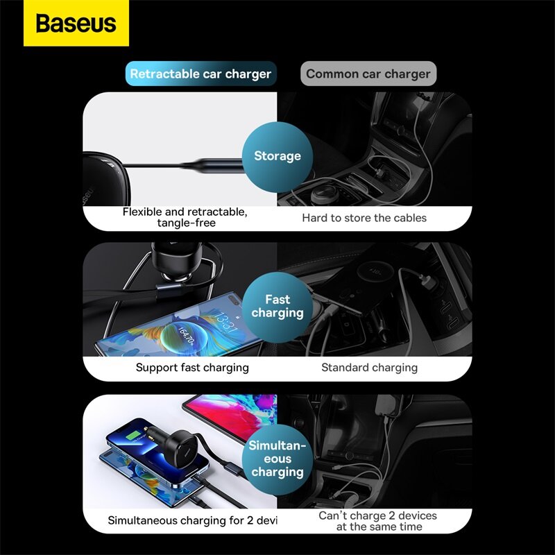 Baseus شاحن سيارة 30 واط شحن سريع مع قابل للسحب نوع C iP تهمة كابل سيارة شاحن الهاتف آيفون 12 13 سامسونج شاومي
