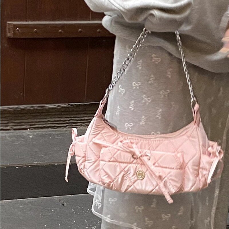 Xiuya-حقيبة كتف وردية أنيقة للنساء ، موضة الصيف ، حقيبة يد جلدية غير رسمية لطيفة ، سلاسل للفتيات الجميلات ، حقيبة إبطين لطيفة يوميًا