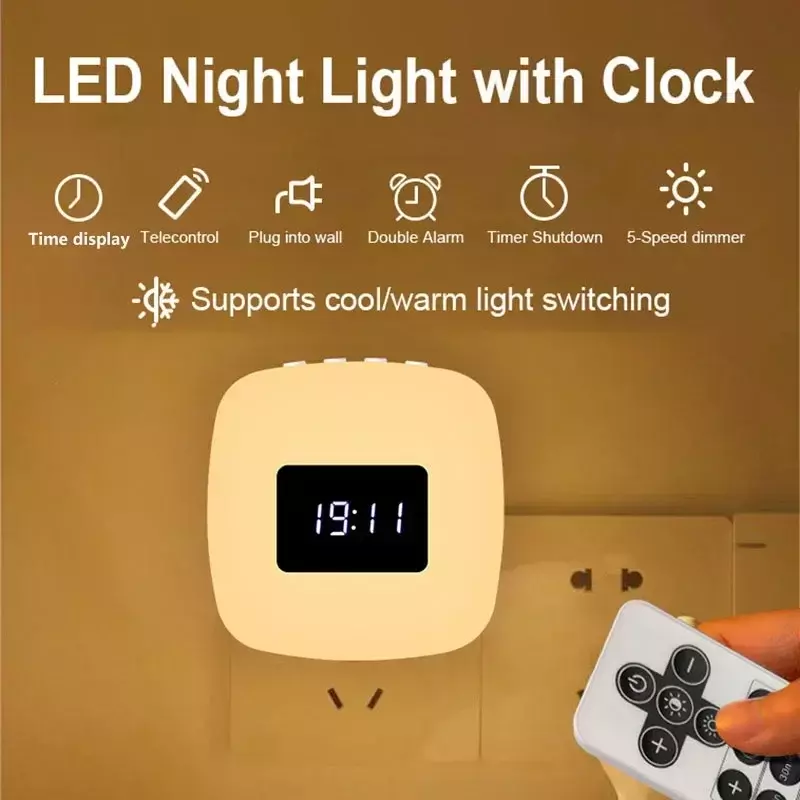 أضواء LED ليلية مع جهاز تحكم عن بعد للأطفال ، مصباح عيد الميلاد ، توصيل بالحائط ، مستشعر اللمس ، تبديل الضوء الذكي ، Colck