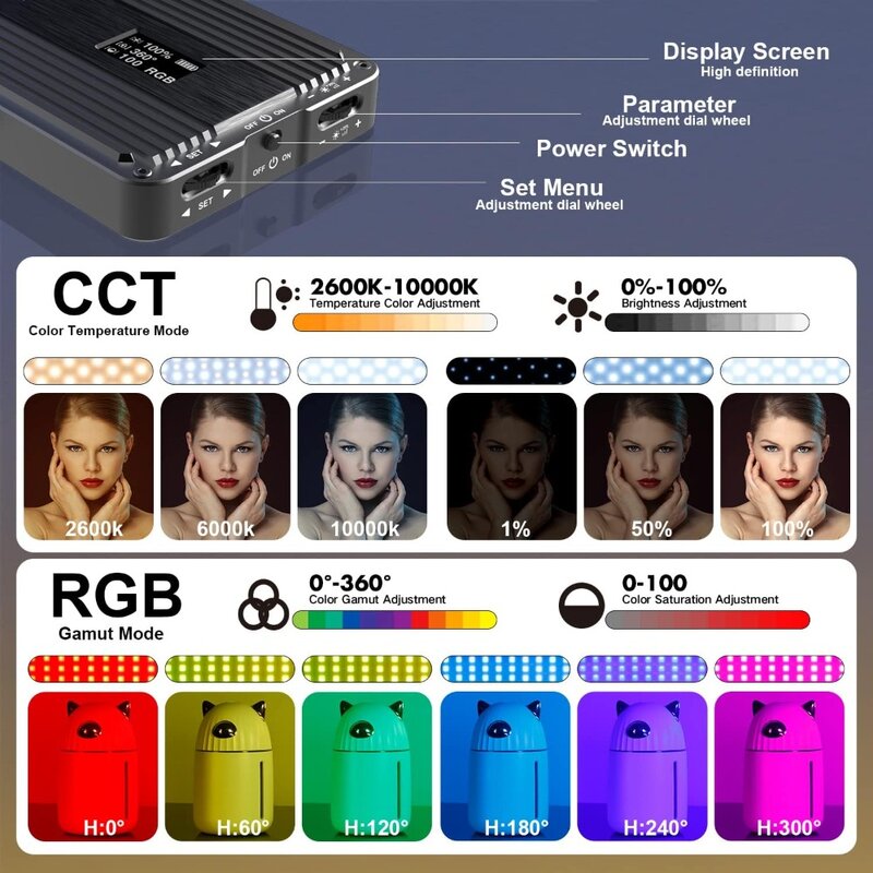 G2 جيب ضوء كاميرا RGB ، بطارية مدمجة قابلة لإعادة الشحن 32 واط بالساعة ، ، ، من من مجموعة الألوان الكاملة ، 9 تأثيرات ضوئية ، كاميرا فيديو LED-