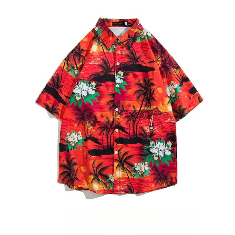 قميص رجالي قصير الأكمام زهري ، قمم أنيقة فضفاضة ، شاطئ هاواي الرجعية نصف كم ، شاطئ البحر ، الصيف