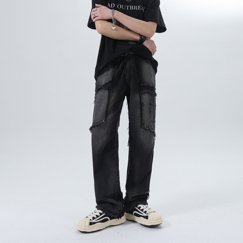 FEWQ-بنطلون جينز بحافة لدغ للرجال ، ساق مستقيمة ، كاجوال فضفاض ، ساق واسعة ، بنطلون رجالي ، موضة الربيع ، الأمريكية ، 24X9001