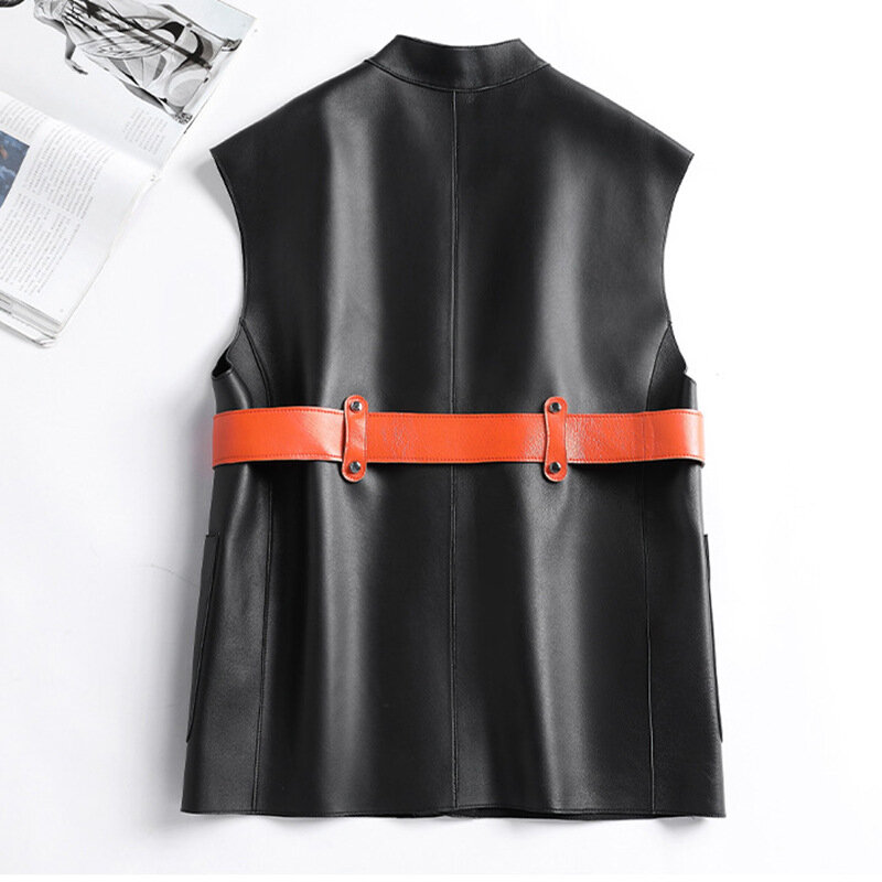 2023 ربيع العلامة التجارية الجديدة مصمم المرأة عالية الجودة جلد الغنم حزام جلد طبيعي الخامس الرقبة سترات صدرية B773