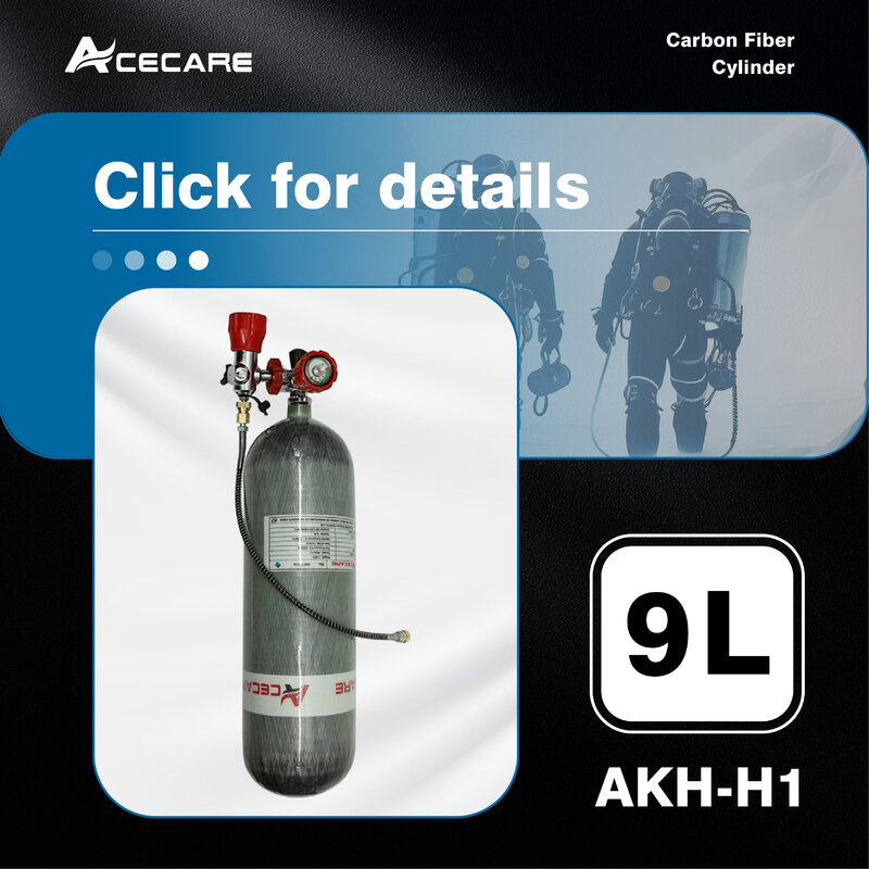 Acecare 300Bar 9L CE الغوص اسطوانة الكربون HPA 4500Psi خزان الهواء صمام ومحطة الإيداع M18 * 1.5 السلامة من الحرائق والغوص
