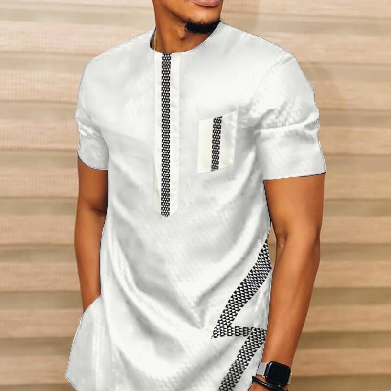 قميص أبيض تقليدي مطبوع للرجال 2023 كم قصير داشيكي تي شيرت طويل ملابس رجالية إفريقية غير رسمية