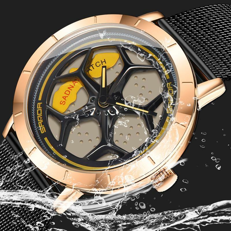 موضة الرجال ريم محور ساعة مخصصة تصميم سيارة ساعة اليد غير القابل للصدأ لا الطباعة سباق عجلة ريم محور ساعة رجل Relogio Masculino