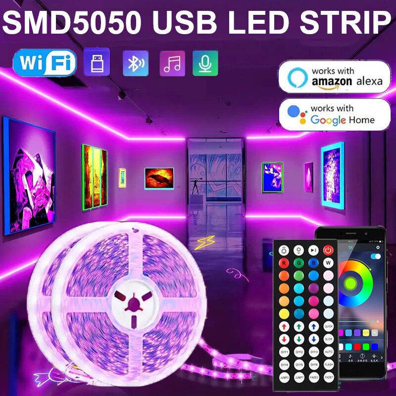 شريط إضاءة LED USB مع تحكم في التطبيق ، إضاءة RGB ، مزامنة الموسيقى للحفلات ، الكمبيوتر الشخصي ، التلفزيون ، المعيشة R ، البلوتوث ، واي فاي ، 1-30 م
