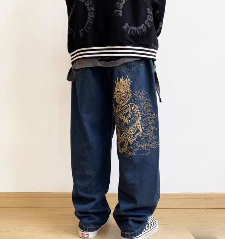 جينز مطرز على شكل تنين صيني مستقيم للرجال والنساء ، جاراكاز ، شباب الشوارع ، فضفاض ، مقاس كبير ، مغسول Y2K