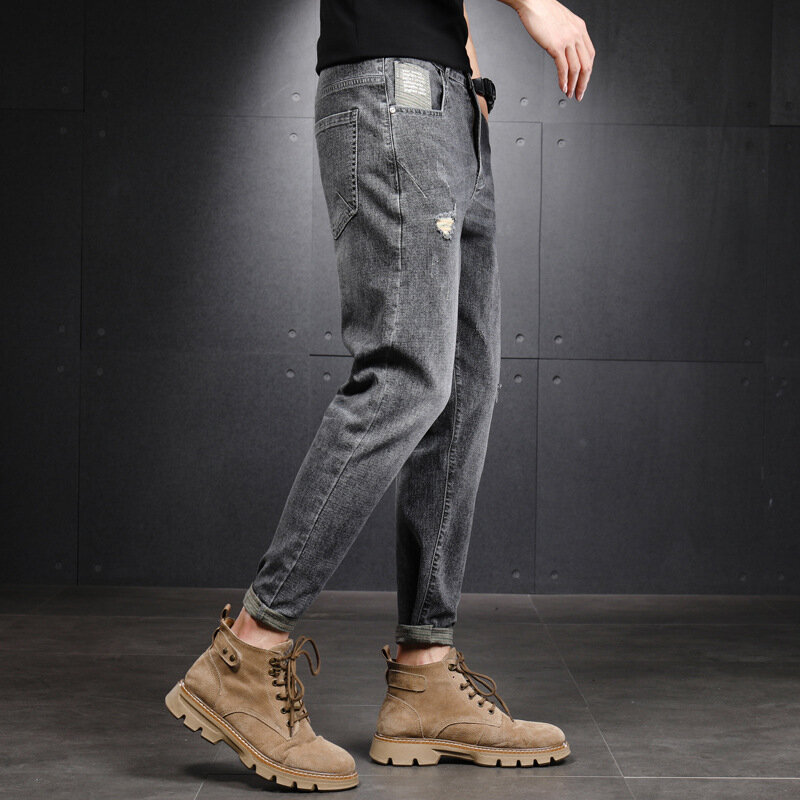 بنطلون جينز للرجال على الموضة لعام 2022 بنطلون قطني مستقيم مرن مناسب للأعمال بنطال جينز من قماش الدنيم ذو تصميم كلاسيكي
