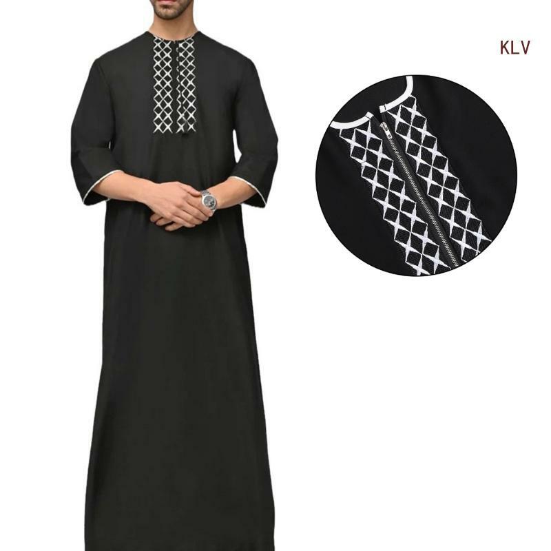 رجل مسلم ثوب طويل ثوب مسلم قفطان رداء إسلامي فضفاض غير رسمي كم متوسط ​​ثوب رداء 6XDA