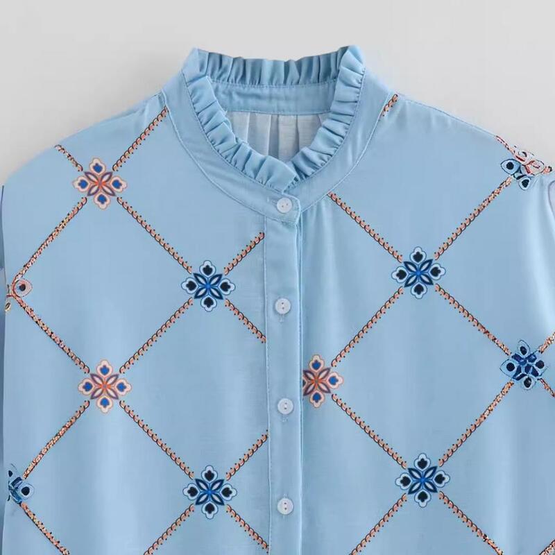 قميص نسائي بياقة مكشكشة زرقاء ، أكمام طويلة ، بلوزة بأزرار واحدة ، قمصان مطبوعة بنمط هندسي ، توب متعدد الاستخدامات للارتداء اليومي