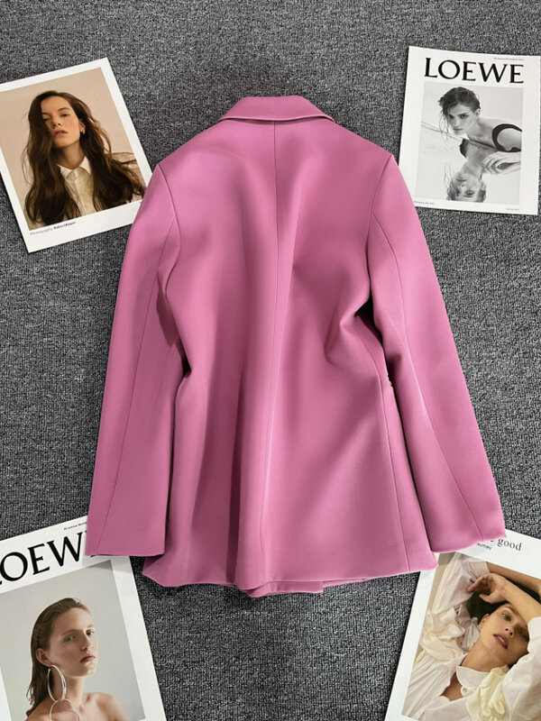 الأرجواني الوردي المعادن زر دعوى معطف جديد النمط البريطاني تصميم الشعور مزدوجة الصدر دعوى في الربيع والخريف السترة النساء