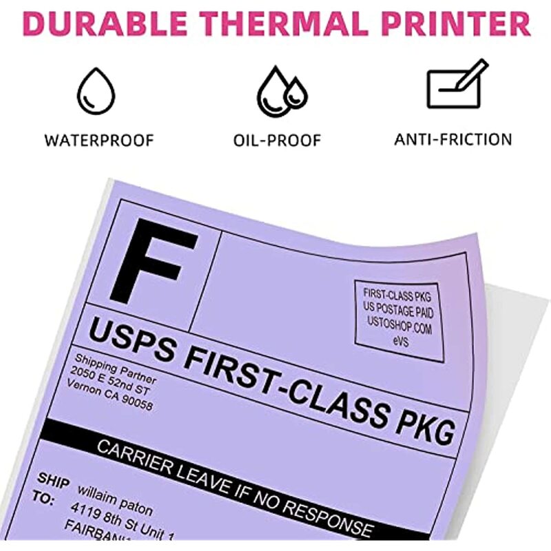 ملصقات حرارية Phomemo 4x6 لشحن طابعة الملصقات-500 قطعة تسميات بريدية أرجواني 4x6 تسميات حرارية مباشرة Fanfold BPA Free