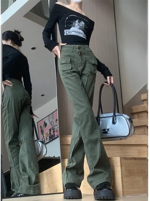 بنطلون جينز نسائي أخضر من الجيش ، بنطلون جينز فضفاض ، بنطلون جينز واسع Y2K ، ملابس 90s الجمالية الكلاسيكية ، سروال تراشي ، هاراجاكي ،