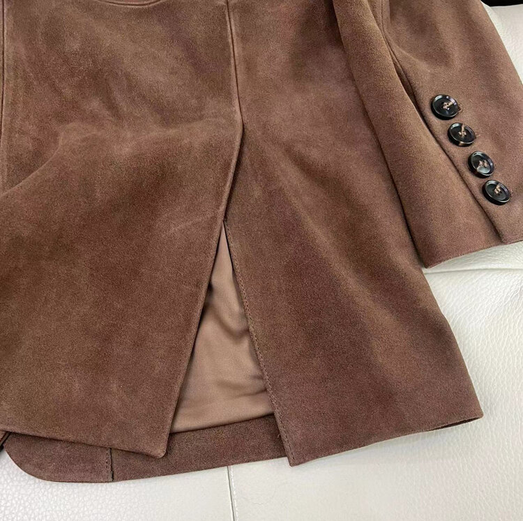 معطف جلد Nubuck للنساء ، سترة من جلد الغزال الأصلي ، بدلة ظلية بنمط المال القديم ، أزياء عتيقة ، الربيع