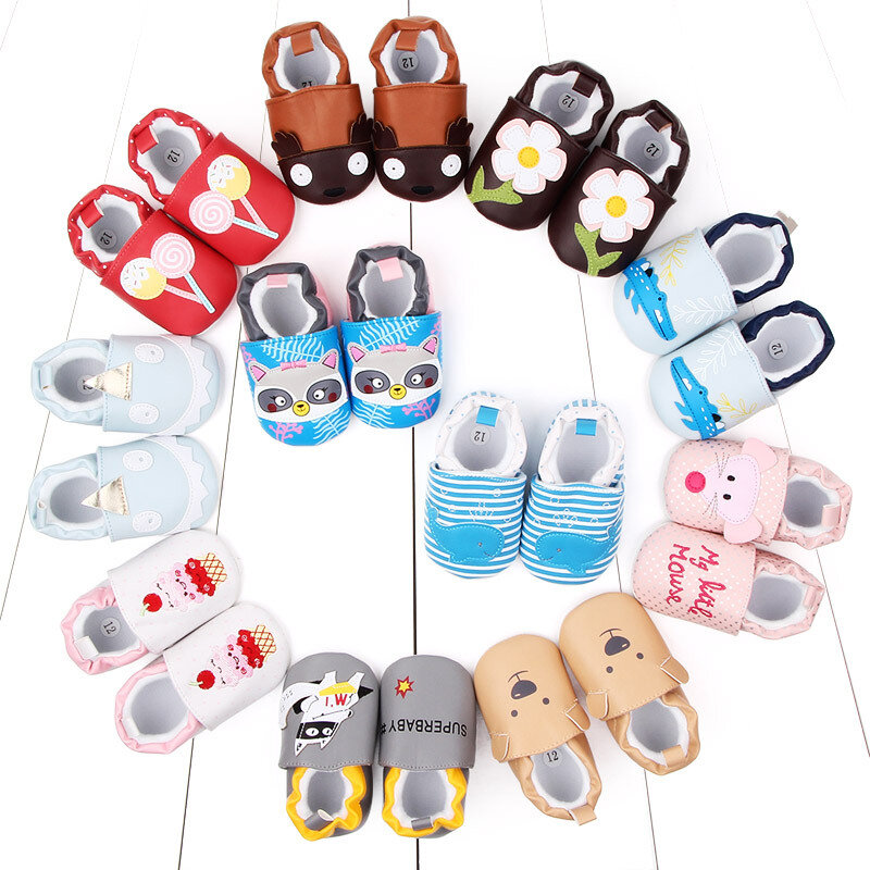 أحذية حديثي الولادة للأولاد والبنات ، أحذية كرتونية للخطوات الأولى ، أحذية أطفال من جلد البولي يوريثان بنعل ناعم ، أحذية أطفال من 0 إلى 18 شهرًا