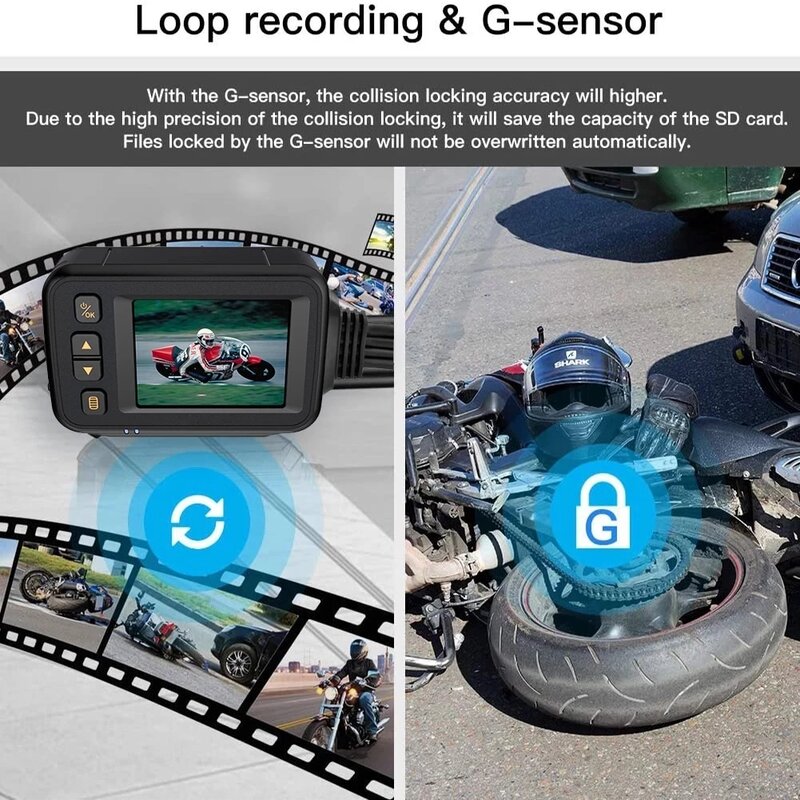دراجة نارية كاميرا HD 1080P + 720P المزدوج عدسة دراجة نارية مسجل فيديو مقاوم للماء كاميرا سباق بالرؤية الليلية ، G-الاستشعار مسجل صندوق